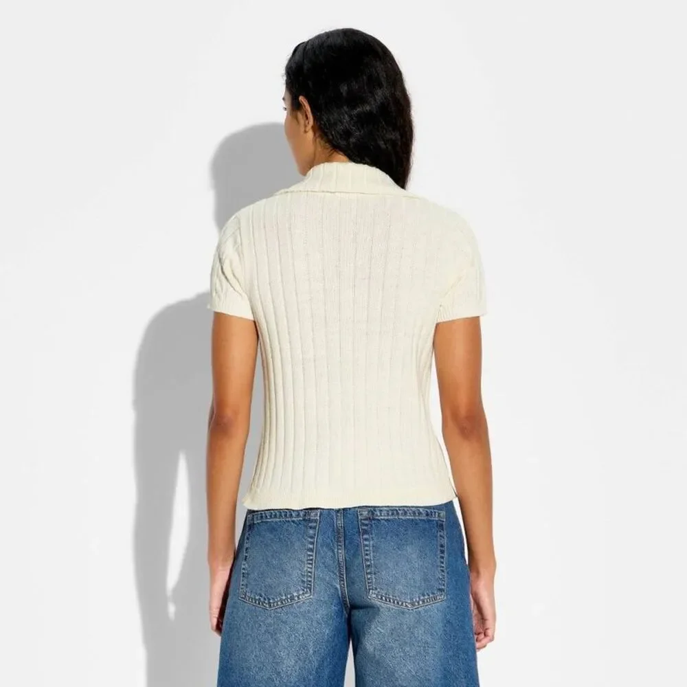 Women's Short Sleeve Cable Polo Pullover Sweater - Wild Fable Cream XL